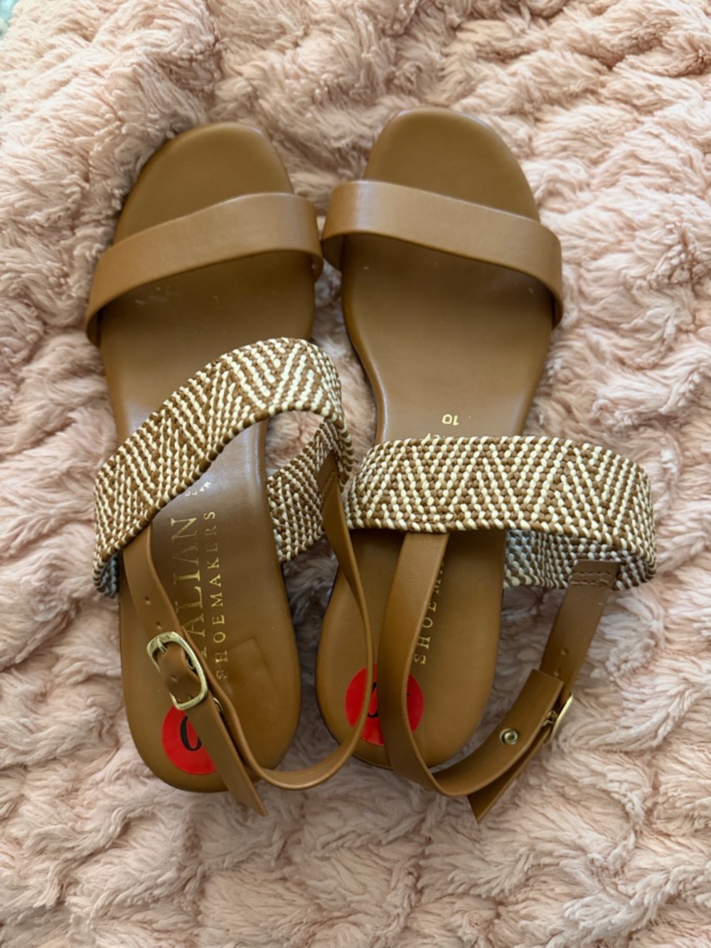 Italian Shoemakers Tan and Cream Woven Strap Sandals with Ankle Buckle